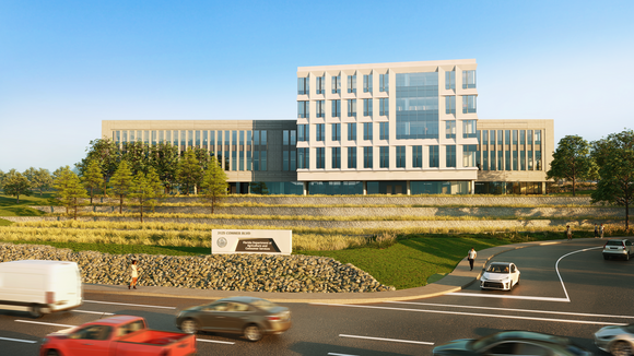 An architectural rendering of a new office building