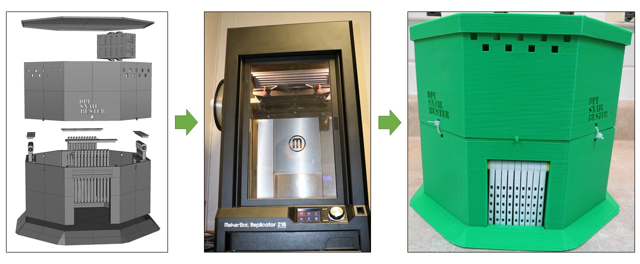 Snail trap design, 3D printer and fully assembled snail trap