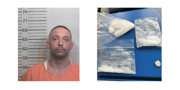 A mugshot of Santiago Diaz, and confiscated illegal drugs