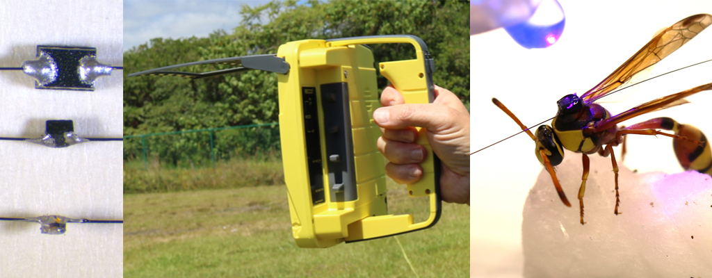 Radar tags, yellow plastic transceiver, and a yellow jacket on a cotton ball