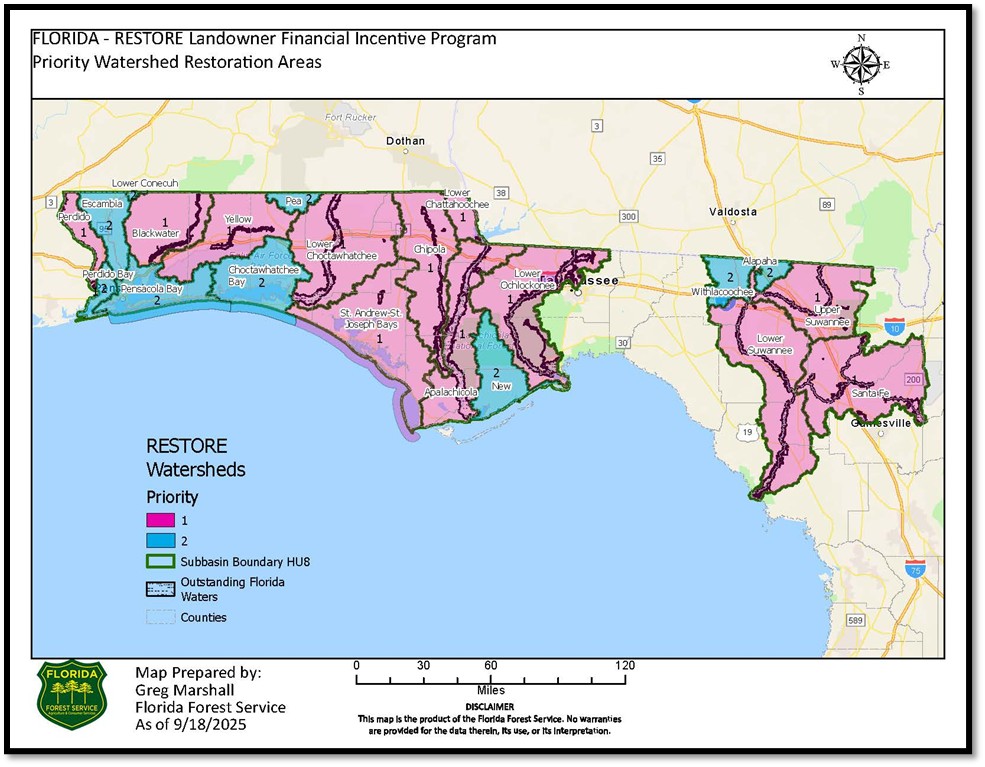 Map showing RESTORE program priority watershed restoration areas