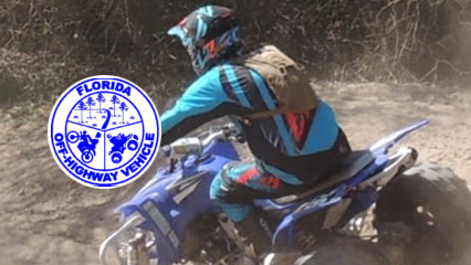 Florida Off-Highway Vehicle logo and a person riding an OHV on a trail through a forest