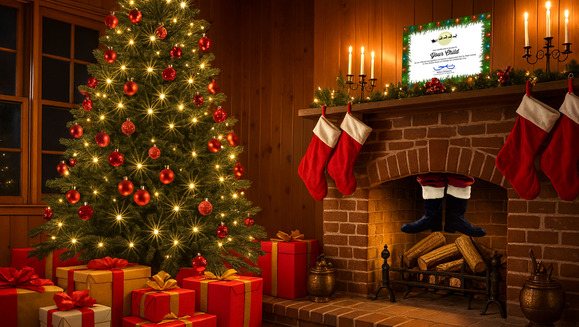 A room decorated for Christmas with a Christmas tree, presents and stockings