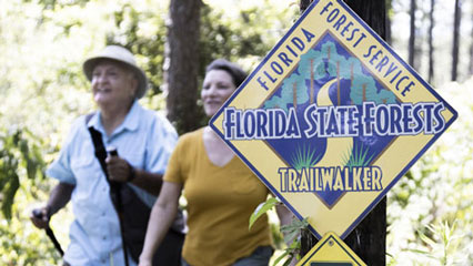 Two people walking in a forest past a Trailwalker sign
