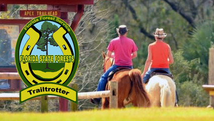 Florida State Forests Trailtrotter logo and two people on horseback