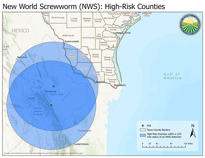 A map showing New World Screwworm high-risk counties