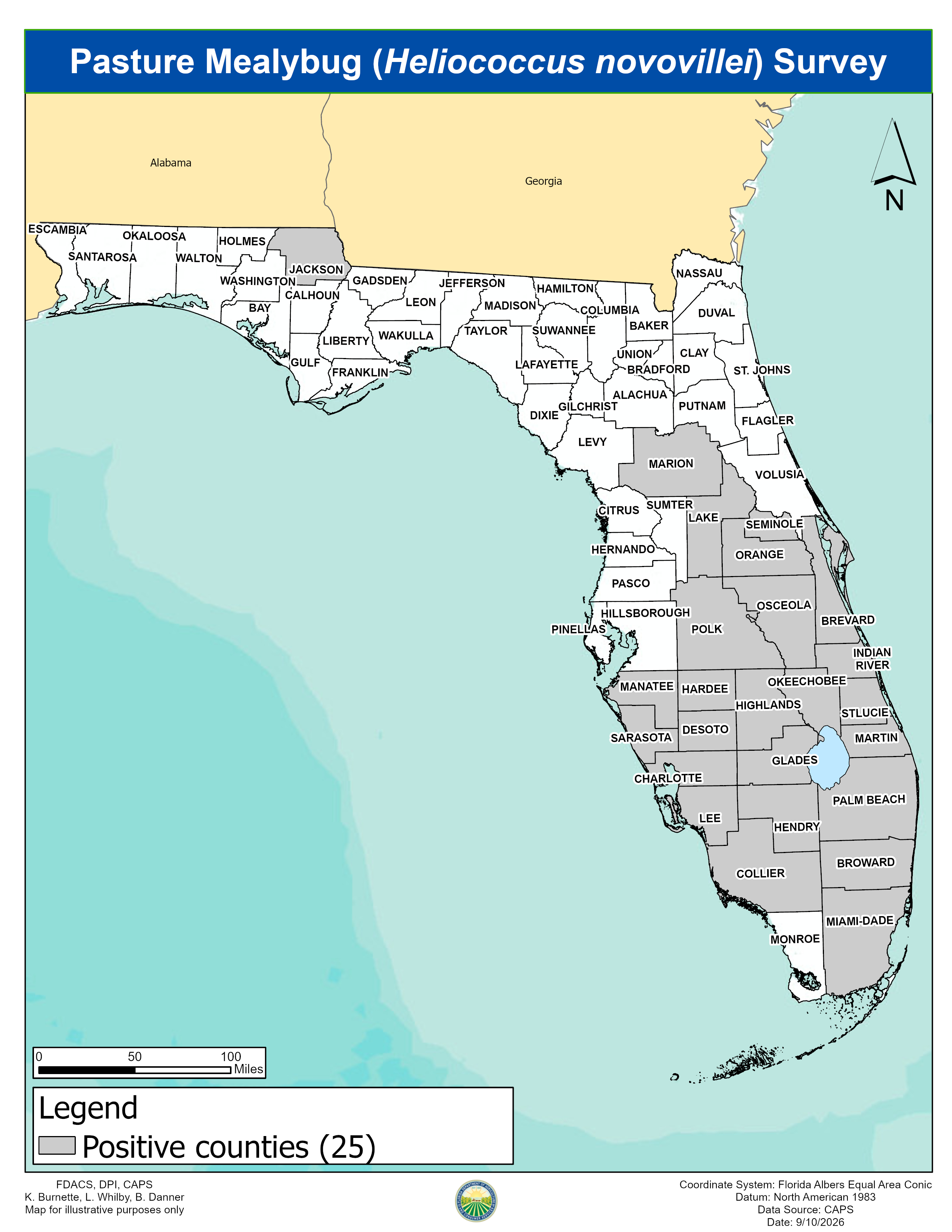 Map of Florida showing the 25 counties where pasture mealybug is confirmed to be present.