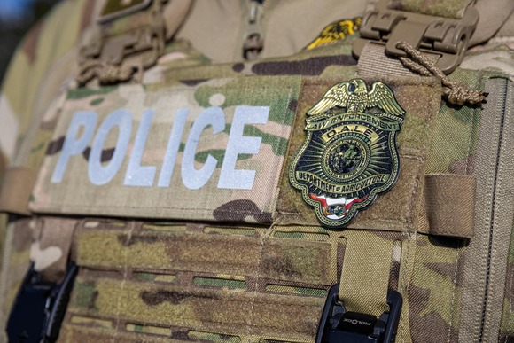 Detail of an Agricultural Law Enforcement officer's uniform and badge