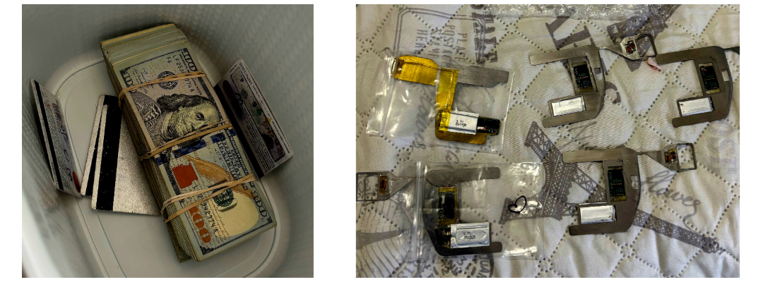 Cash, counterfeit magnetic strip payment cards, and skimming devices