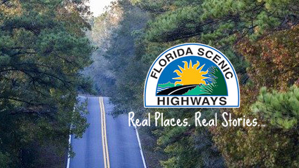 Florida Scenic Highways logo and a roadway through a forest