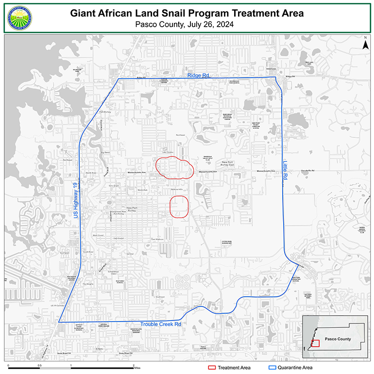 Map of the giant African land snail treatment area in Pasco County