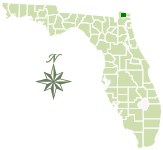 Map of Florida with four Creeks State Forest marked